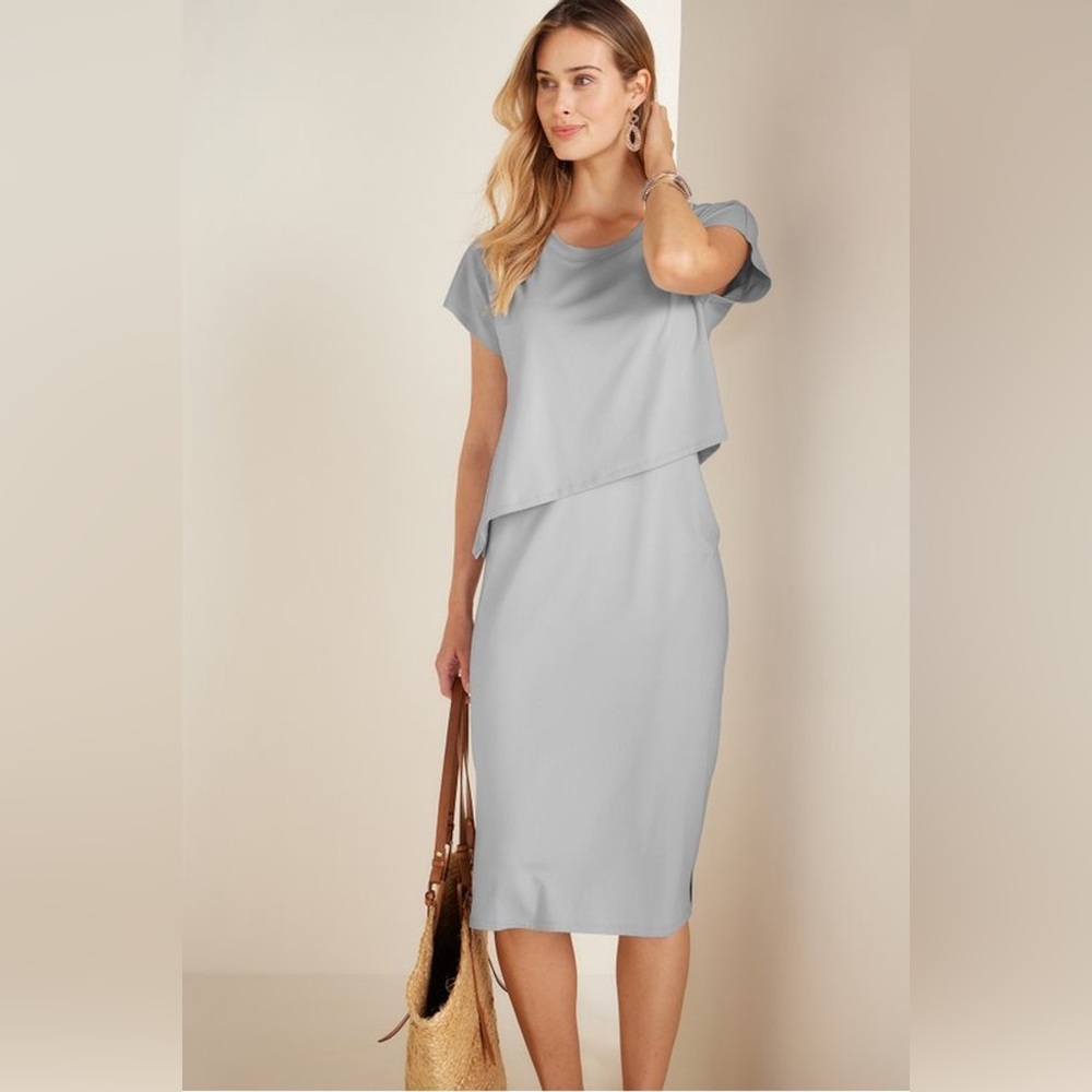 Soft Surroundings Mykonos Dress Midi Pearl Blue Stretch Knit